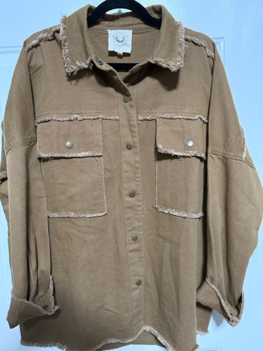 Fantastic Fawn Frayed-Trim Button-Down Shirt Jacket in Tan - Picture 2 of 3